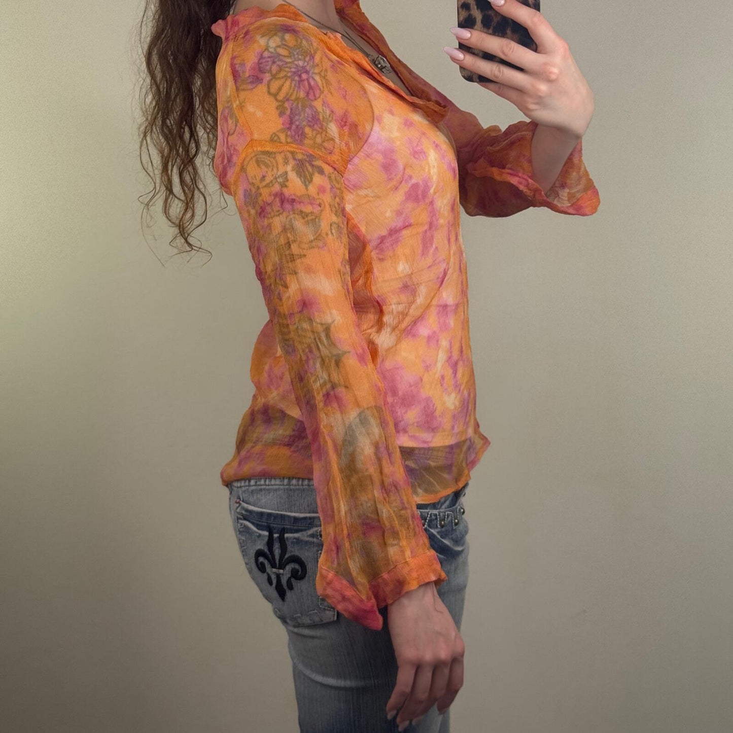Y2K vintage maje 100% silk blouse sheer cowl neck tie dye flare sleeve orange