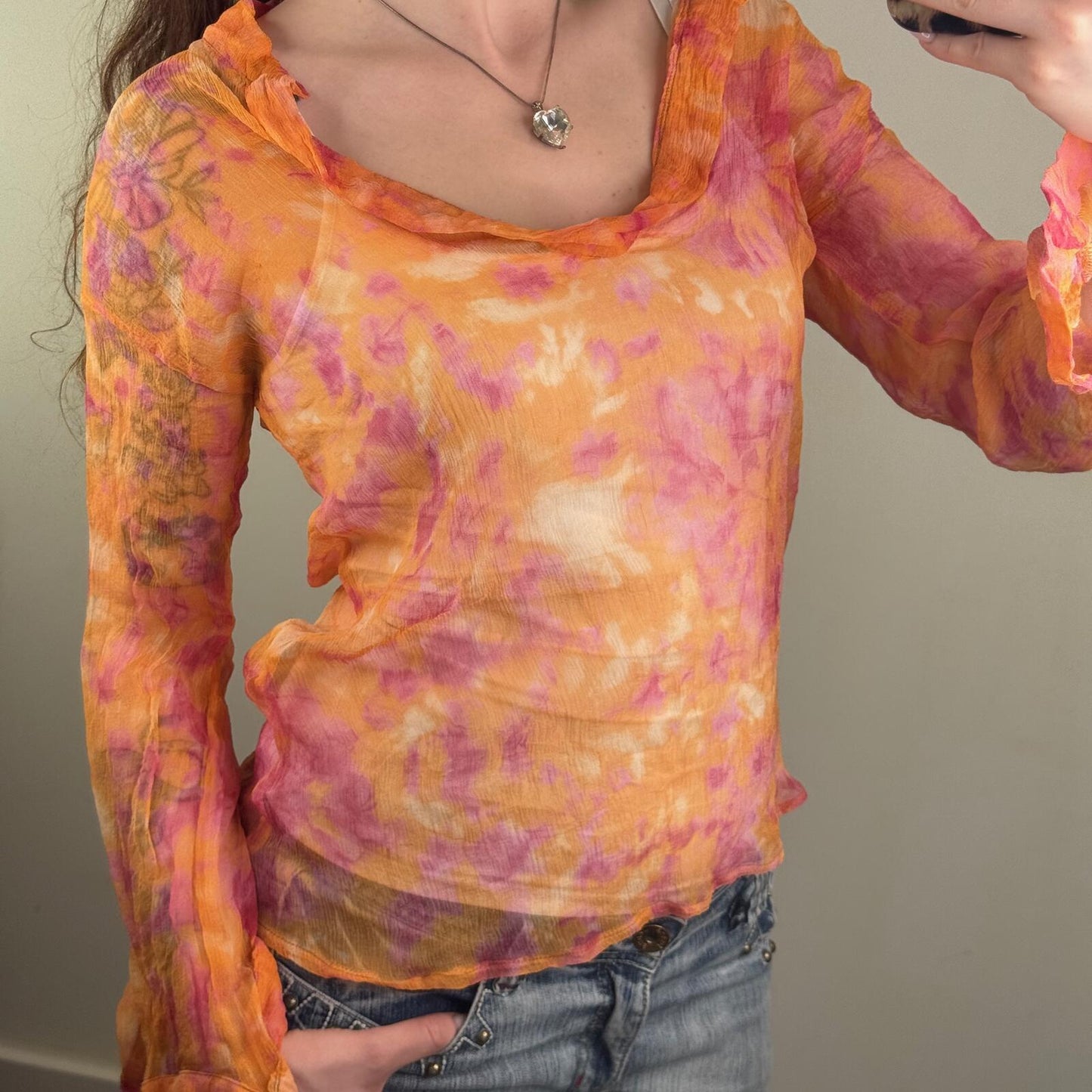 Y2K vintage maje 100% silk blouse sheer cowl neck tie dye flare sleeve orange