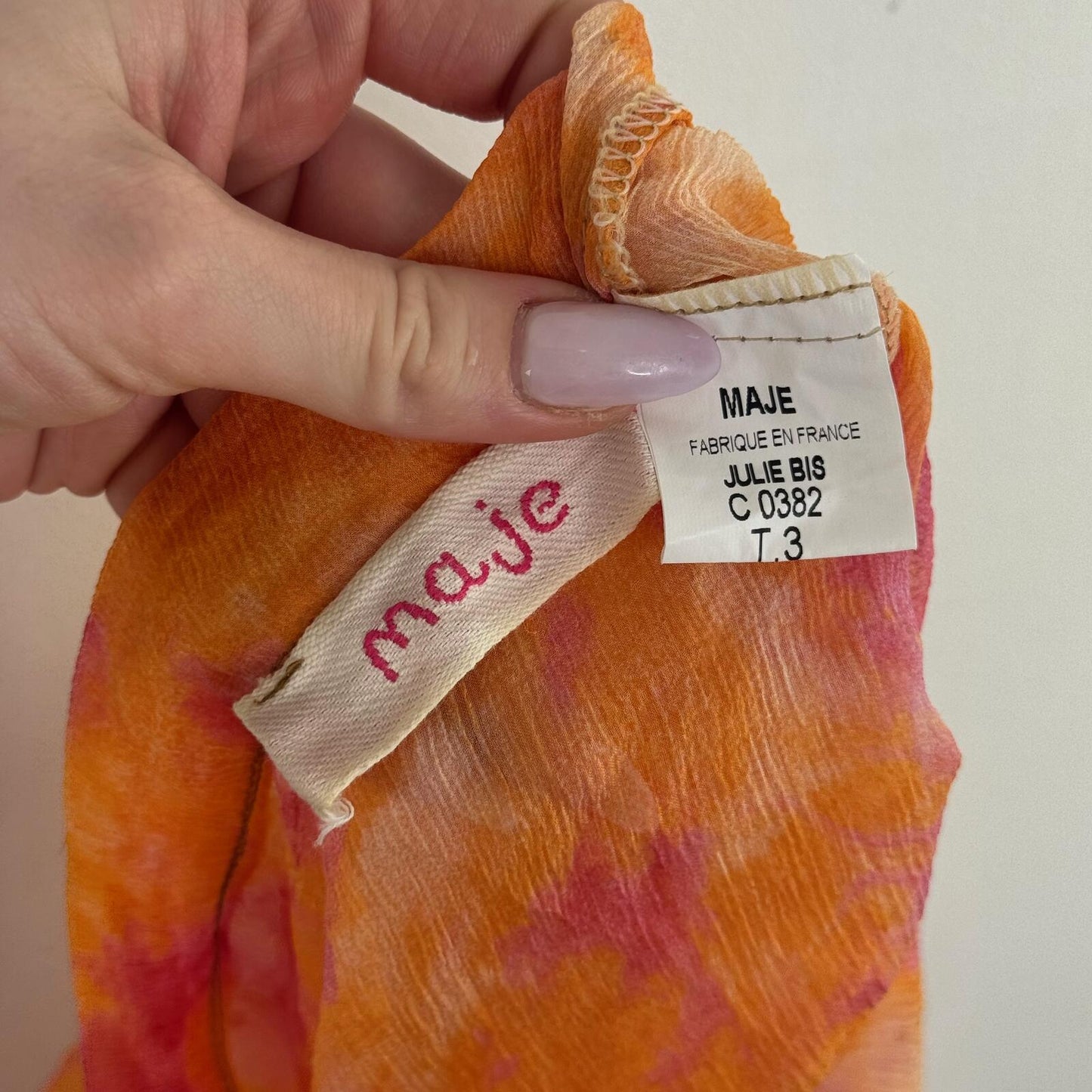 Y2K vintage maje 100% silk blouse sheer cowl neck tie dye flare sleeve orange