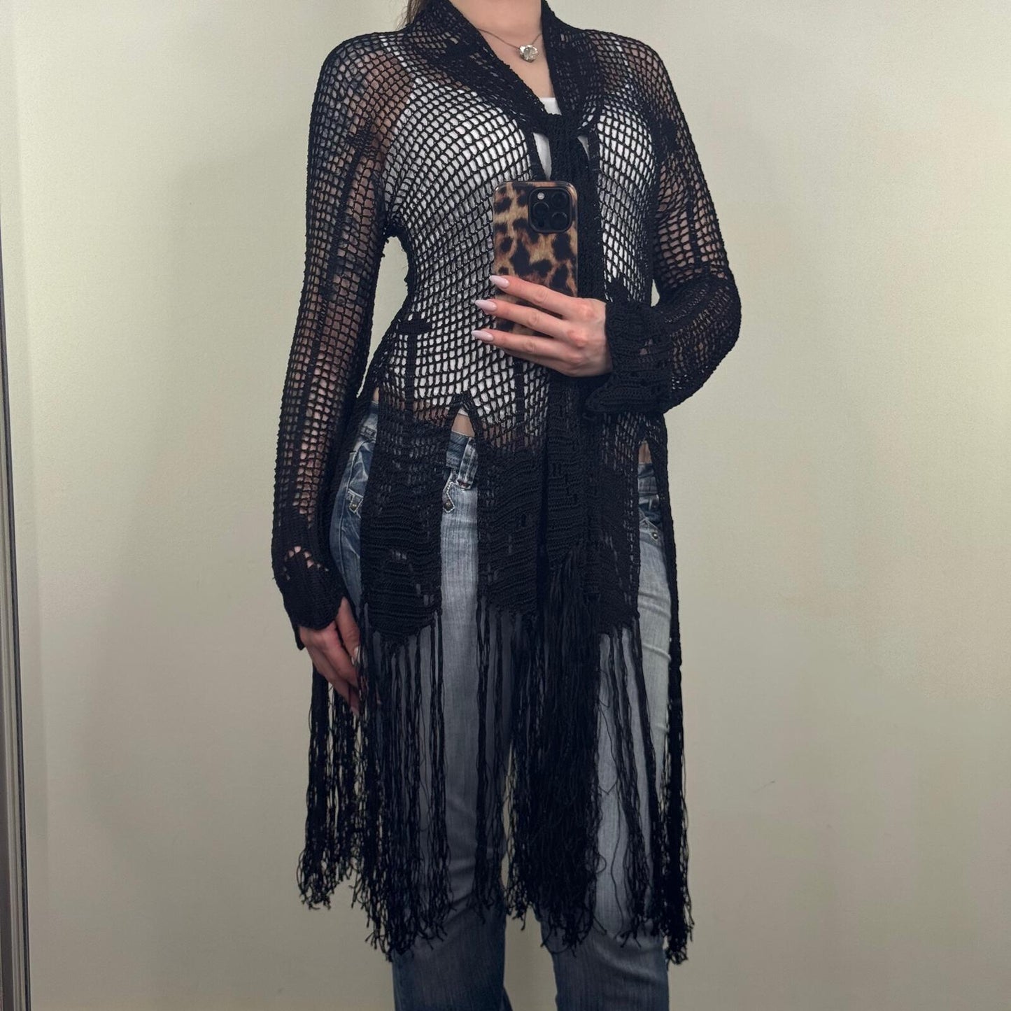 Vintage Kate Moss X Topshop cardigan crochet long full length sheer fringe boho