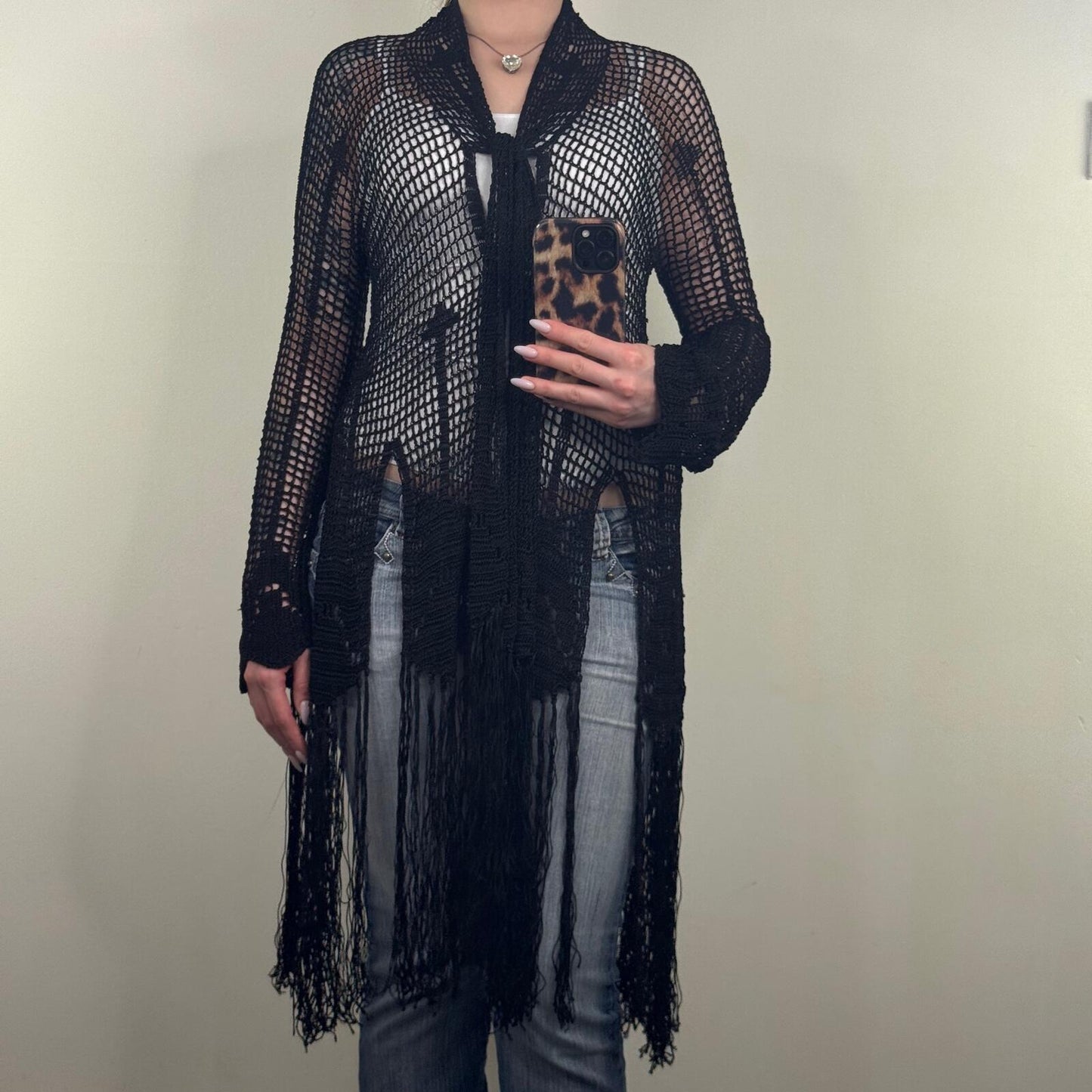 Vintage Kate Moss X Topshop cardigan crochet long full length sheer fringe boho
