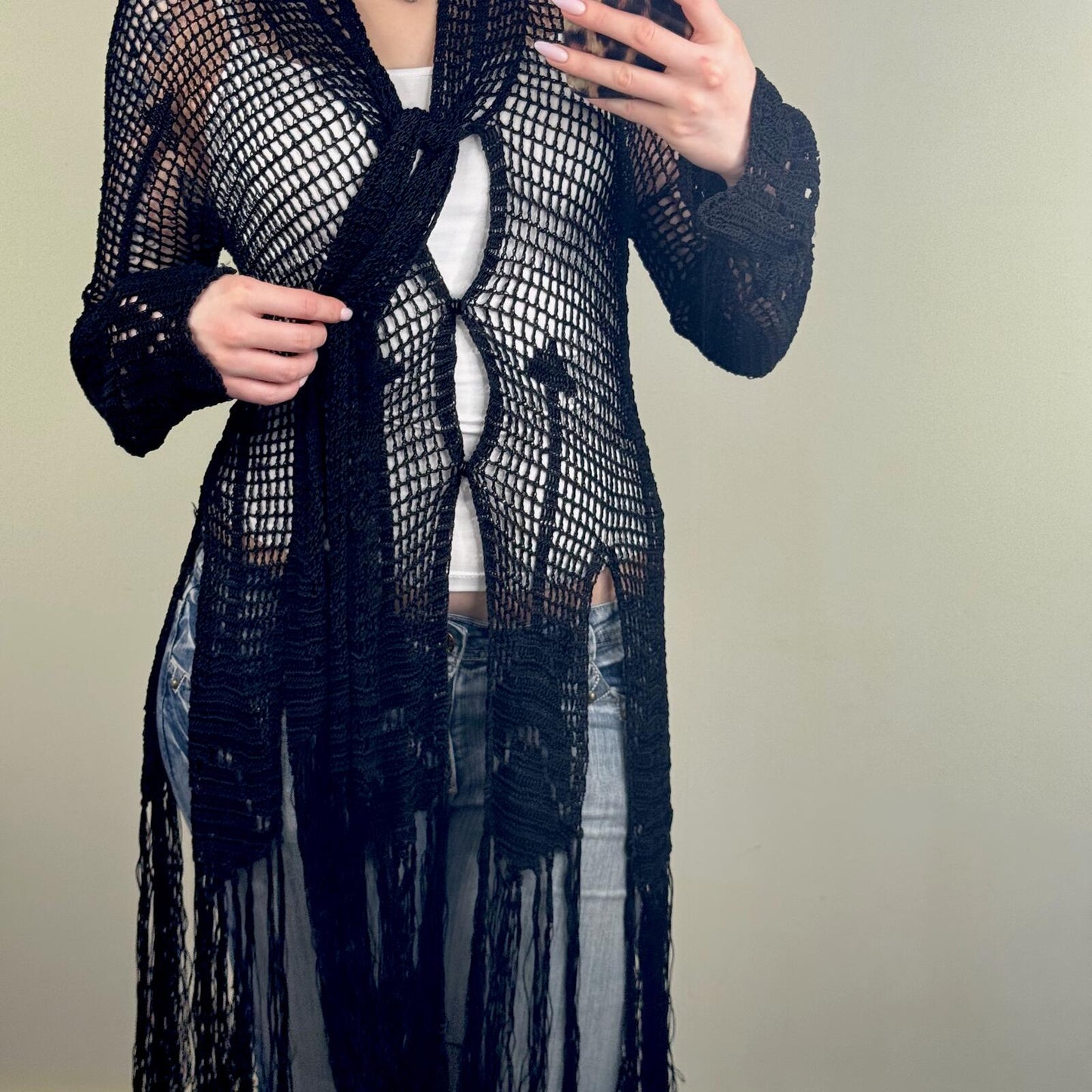 Vintage Kate Moss X Topshop cardigan crochet long full length sheer fringe boho