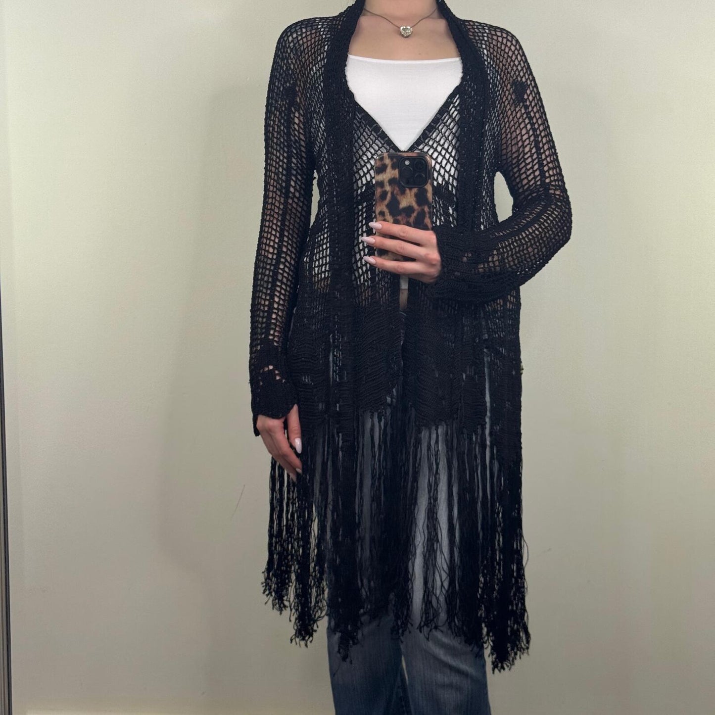 Vintage Kate Moss X Topshop cardigan crochet long full length sheer fringe boho
