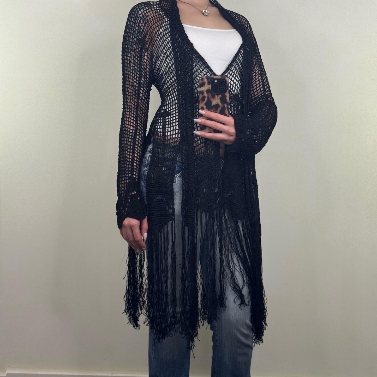 Vintage Kate Moss X Topshop cardigan crochet long full length sheer fringe boho