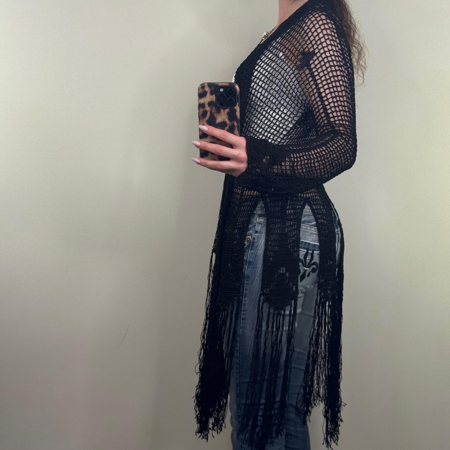 Vintage Kate Moss X Topshop cardigan crochet long full length sheer fringe boho