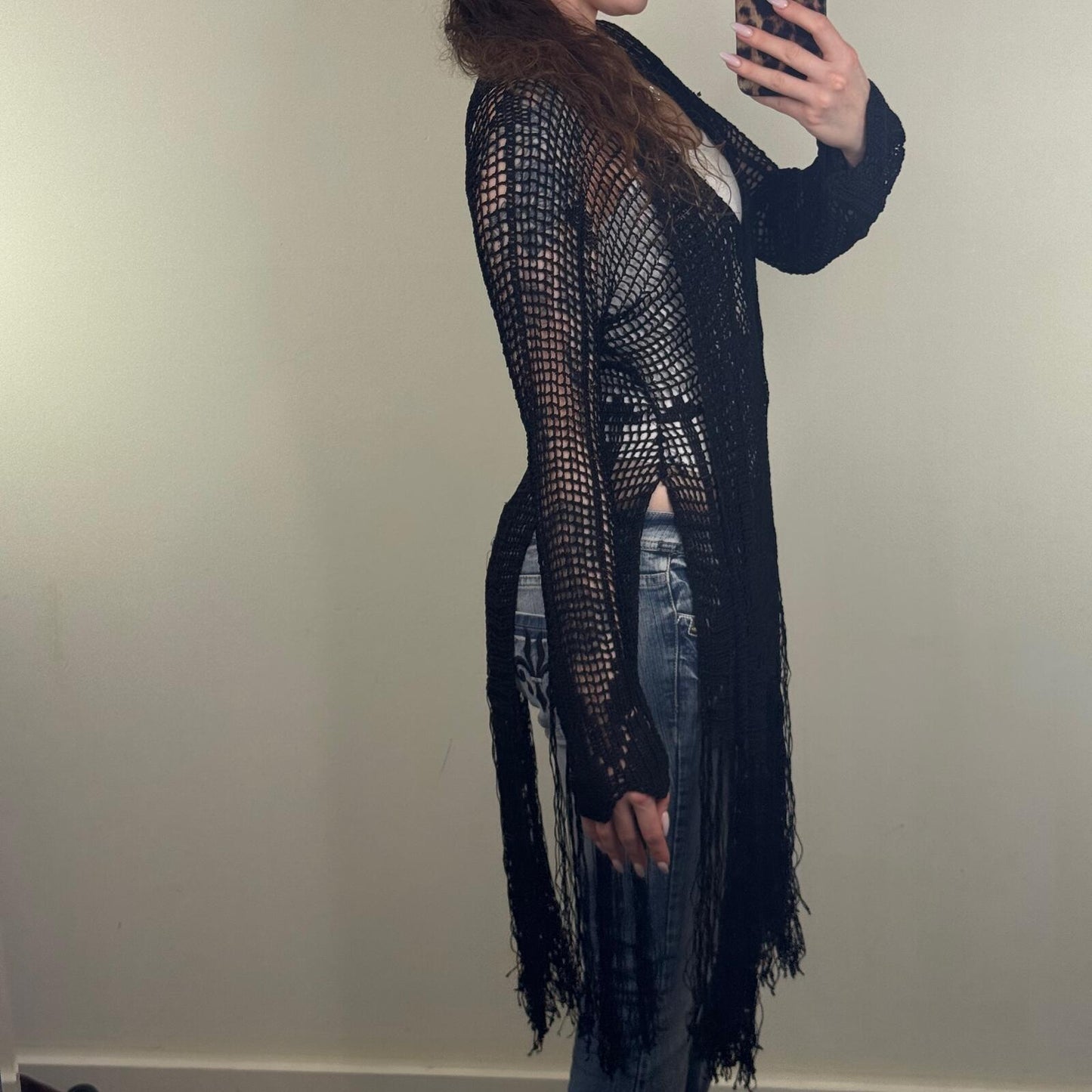 Vintage Kate Moss X Topshop cardigan crochet long full length sheer fringe boho
