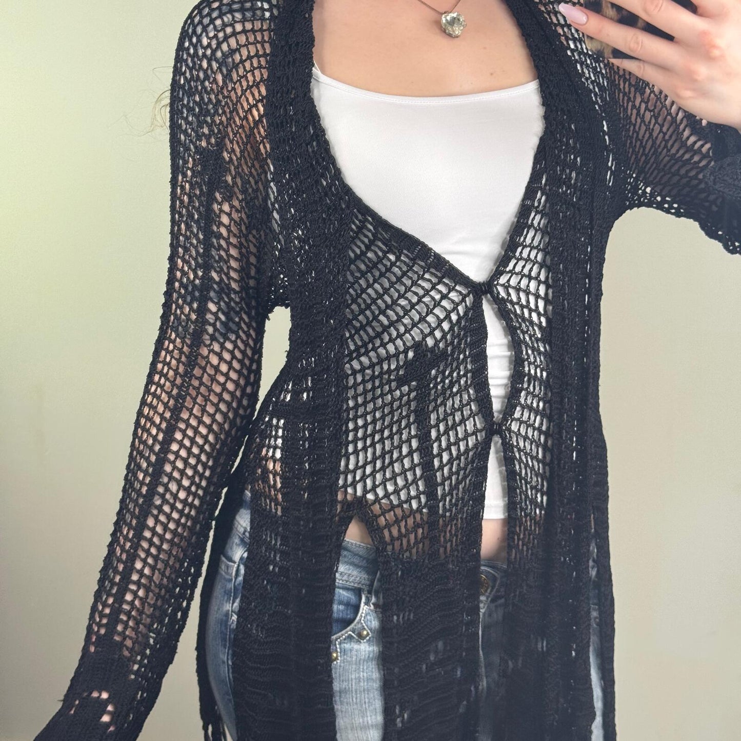 Vintage Kate Moss X Topshop cardigan crochet long full length sheer fringe boho