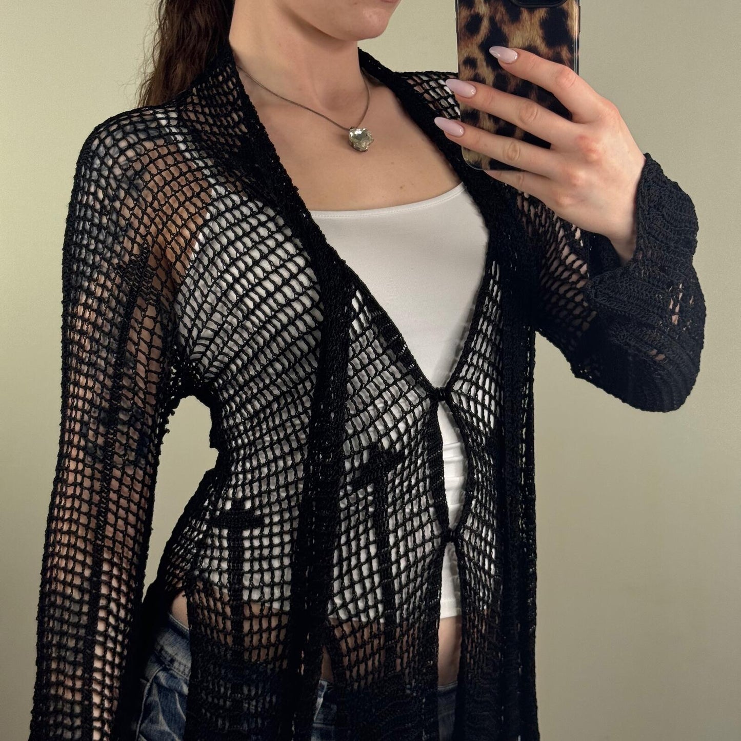 Vintage Kate Moss X Topshop cardigan crochet long full length sheer fringe boho