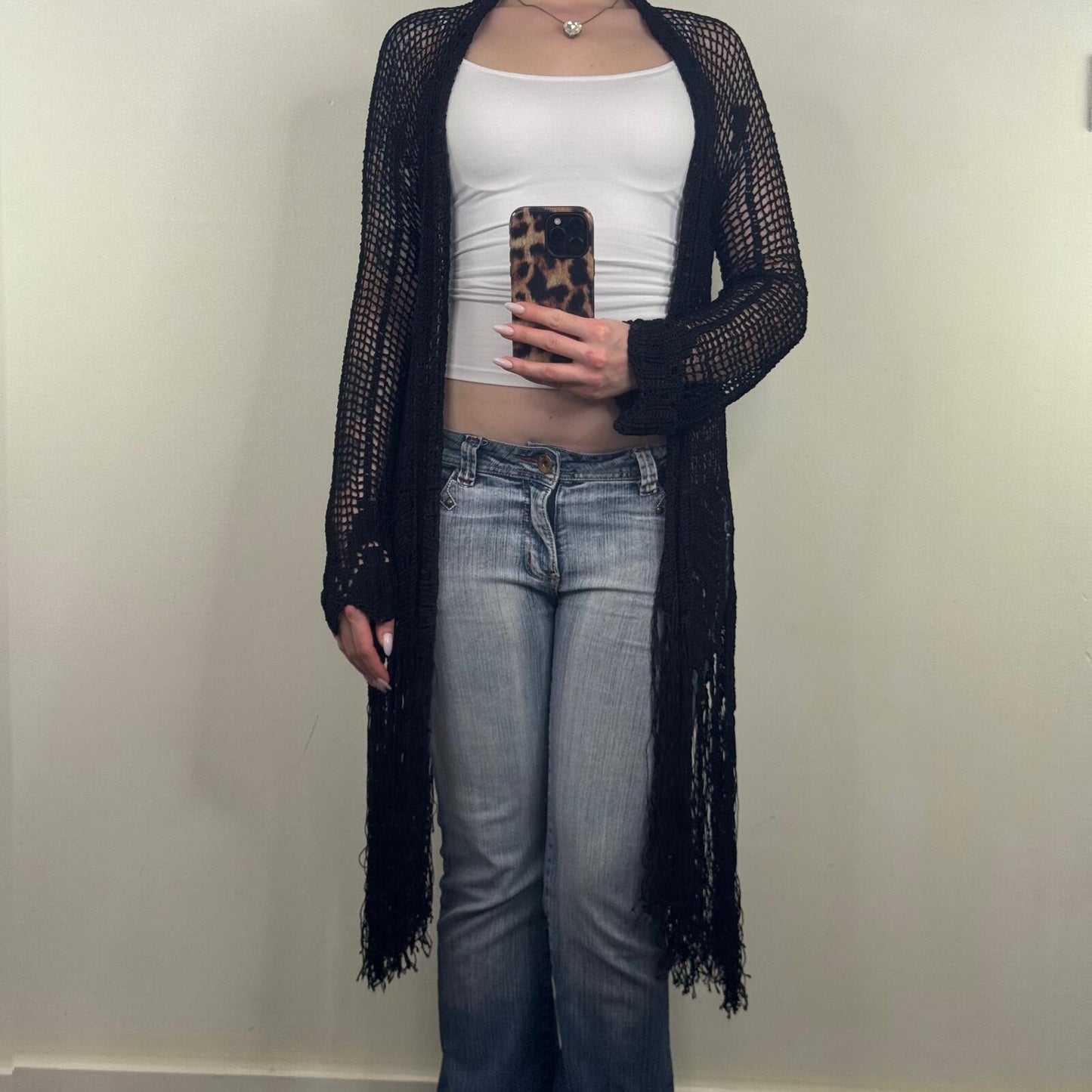 Vintage Kate Moss X Topshop cardigan crochet long full length sheer fringe boho