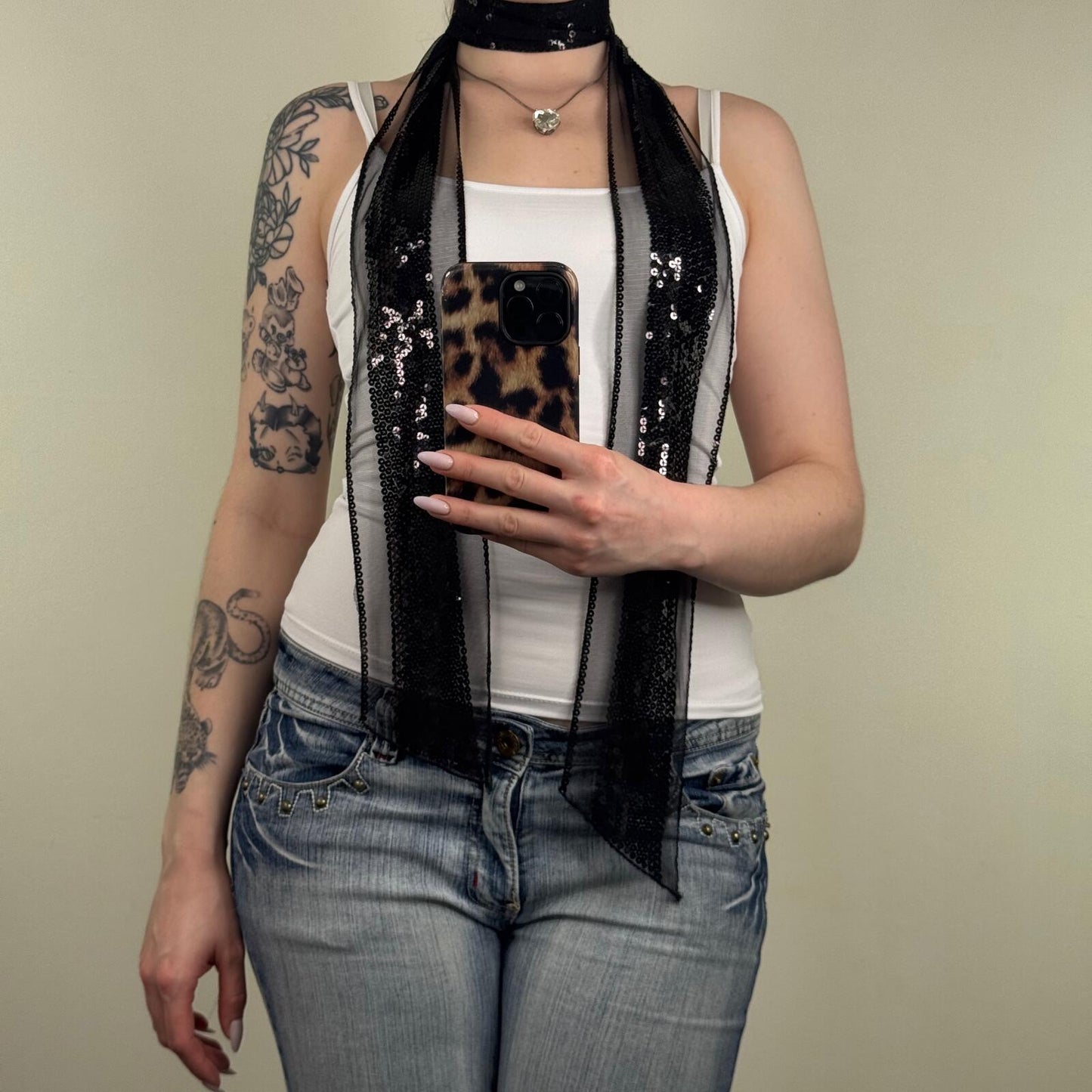 Y2K vintage skinny scarf sequin mesh thin sheer party festival boho