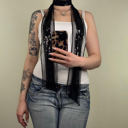 Y2K vintage skinny scarf sequin mesh thin sheer party festival boho
