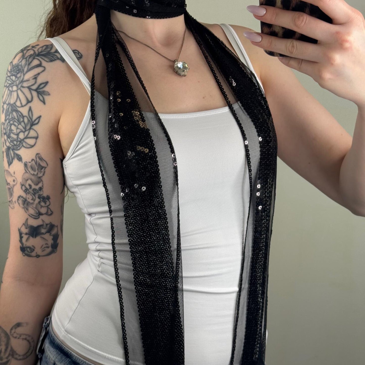 Y2K vintage skinny scarf sequin mesh thin sheer party festival boho