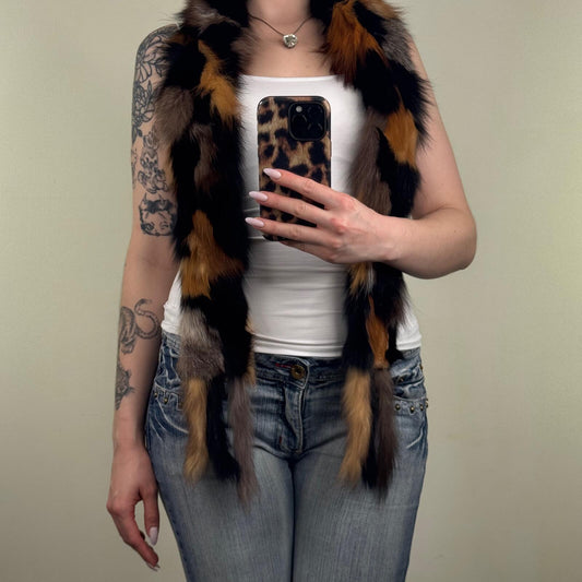 Y2K vintage 100% genuine fox fur scarf patchwork black grey red orange