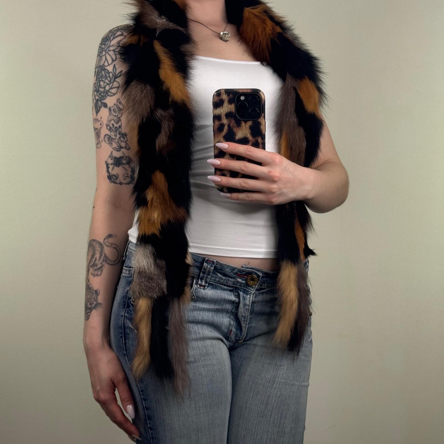 Y2K vintage 100% genuine fox fur scarf patchwork black grey red orange