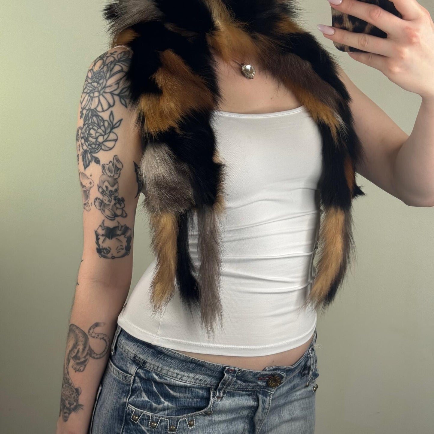 Y2K vintage 100% genuine fox fur scarf patchwork black grey red orange