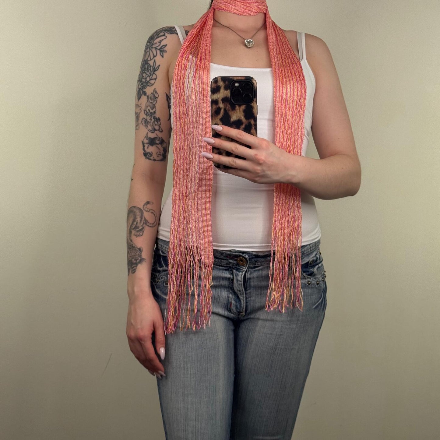 Y2K vintage knit scarf pink orange stripe multi fringe