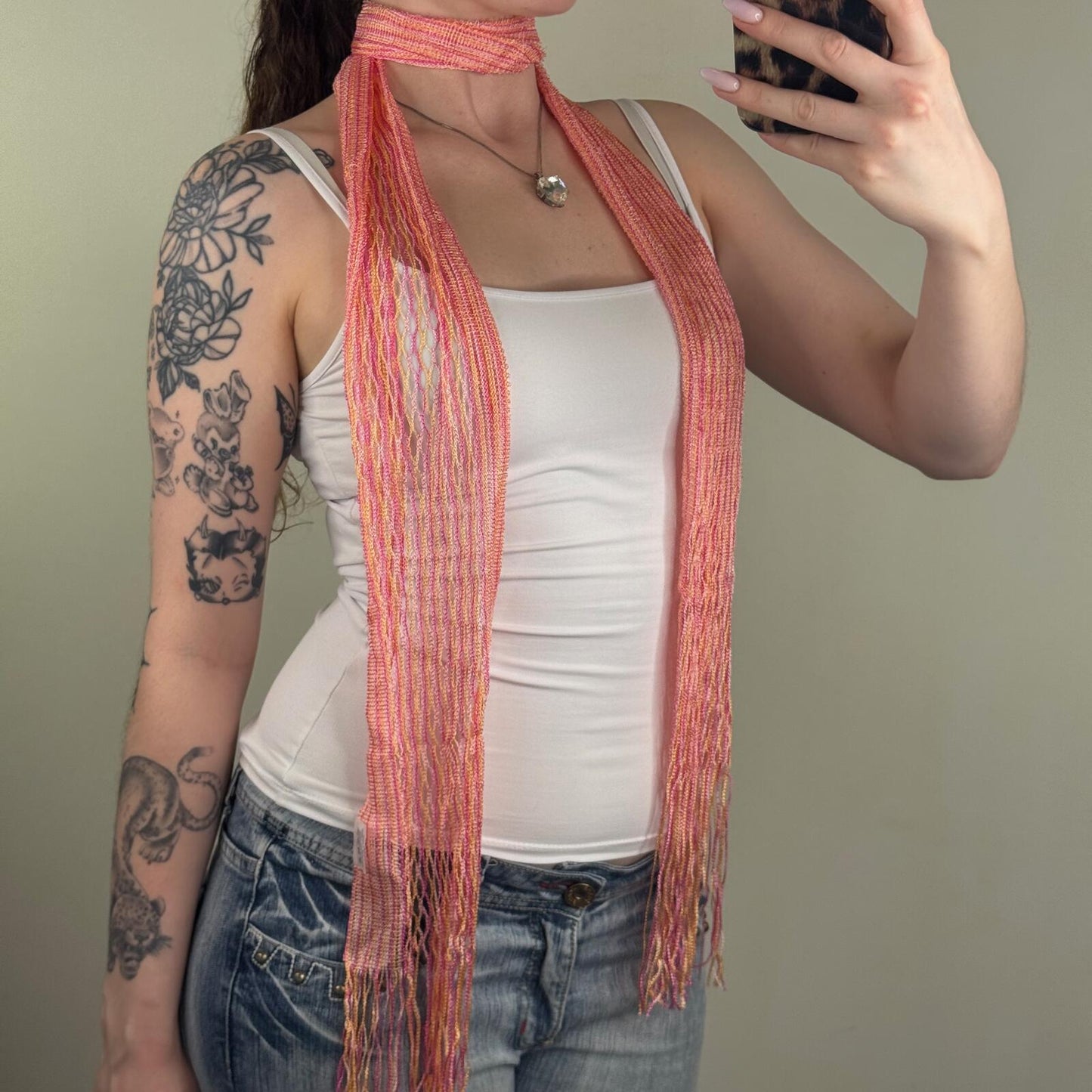 Y2K vintage knit scarf pink orange stripe multi fringe