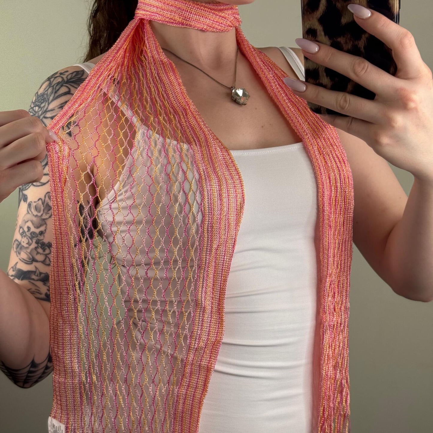Y2K vintage knit scarf pink orange stripe multi fringe