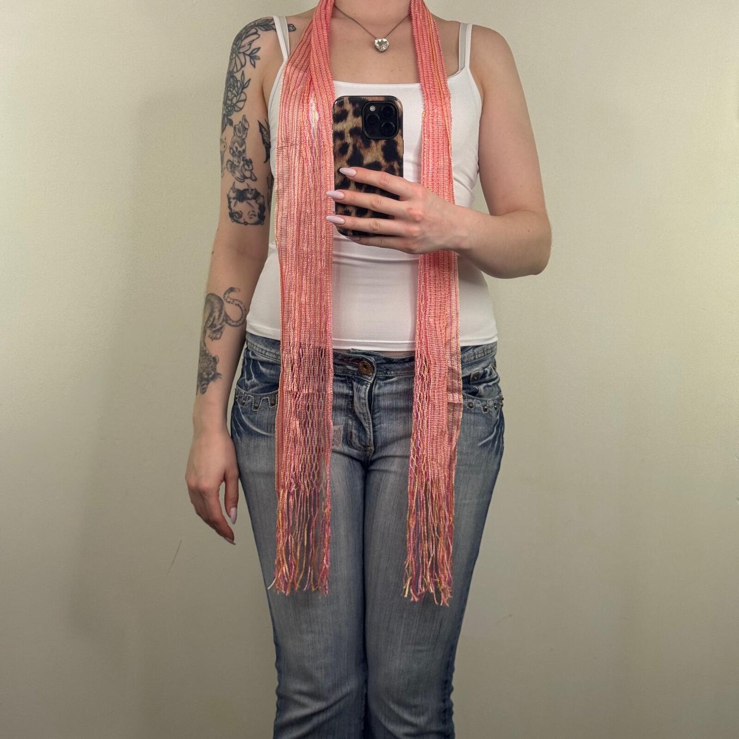Y2K vintage knit scarf pink orange stripe multi fringe