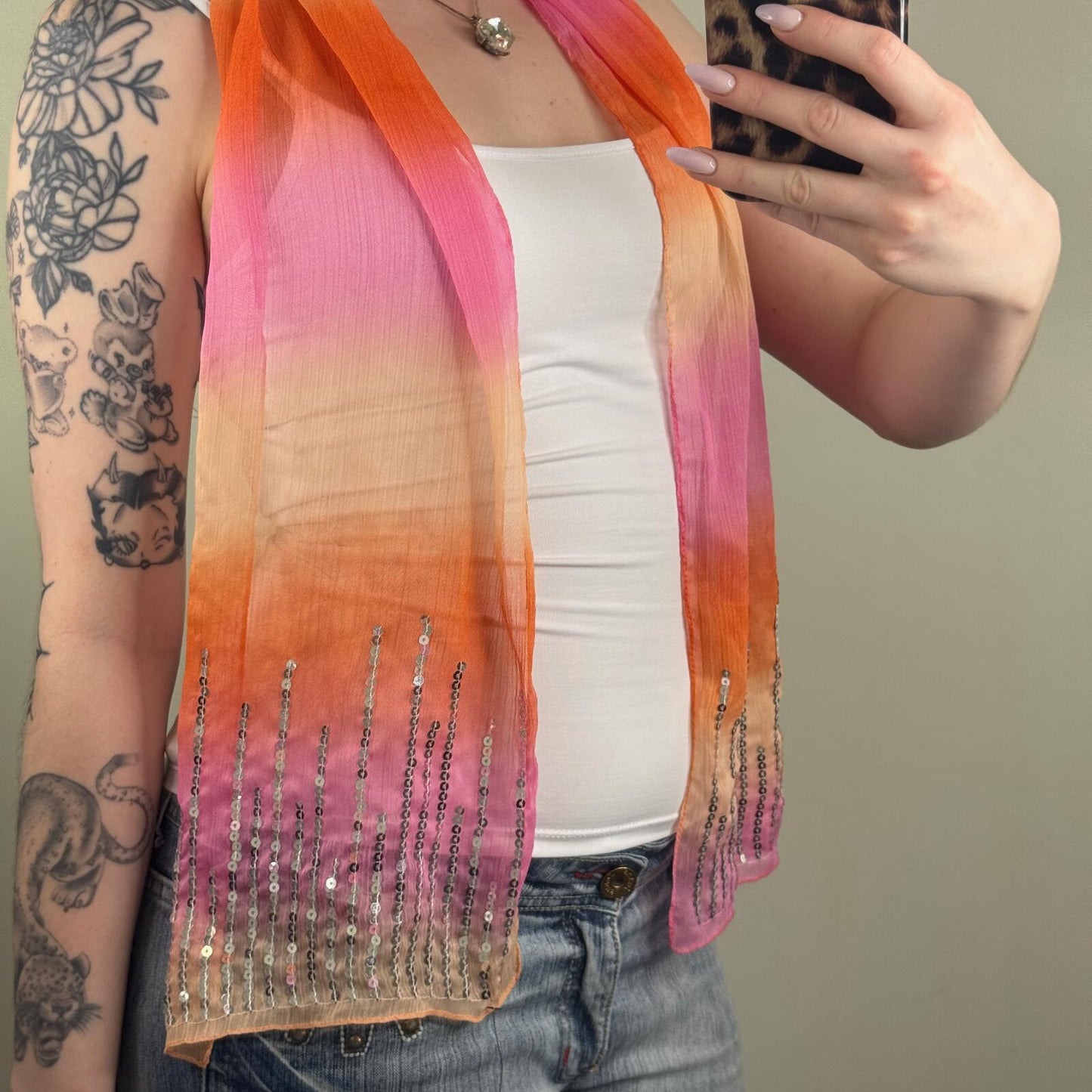 Y2K vintage scarf sheer sequin ombre pink orange summer lightweight