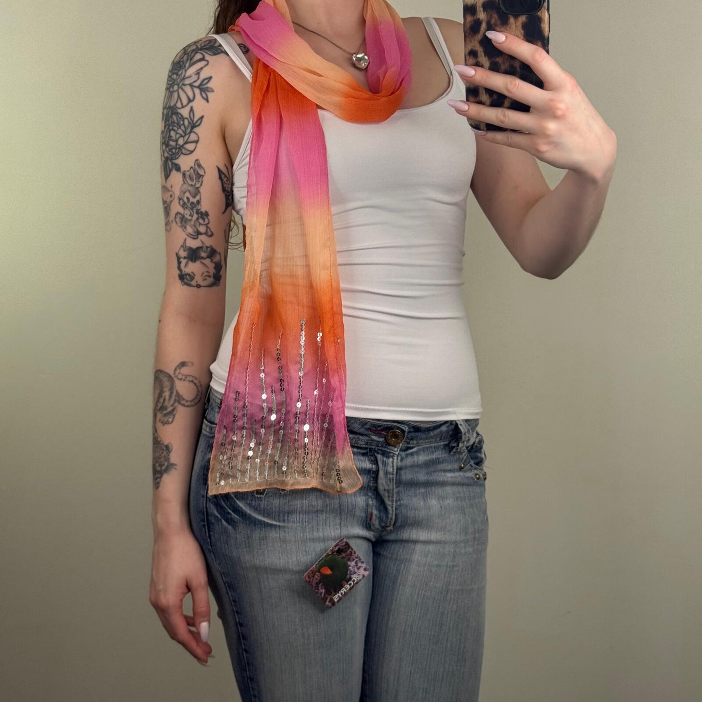 Y2K vintage scarf sheer sequin ombre pink orange summer lightweight