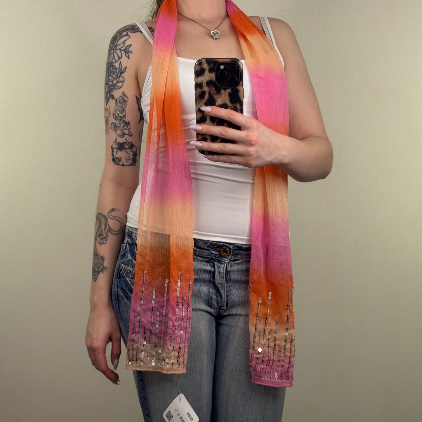 Y2K vintage scarf sheer sequin ombre pink orange summer lightweight