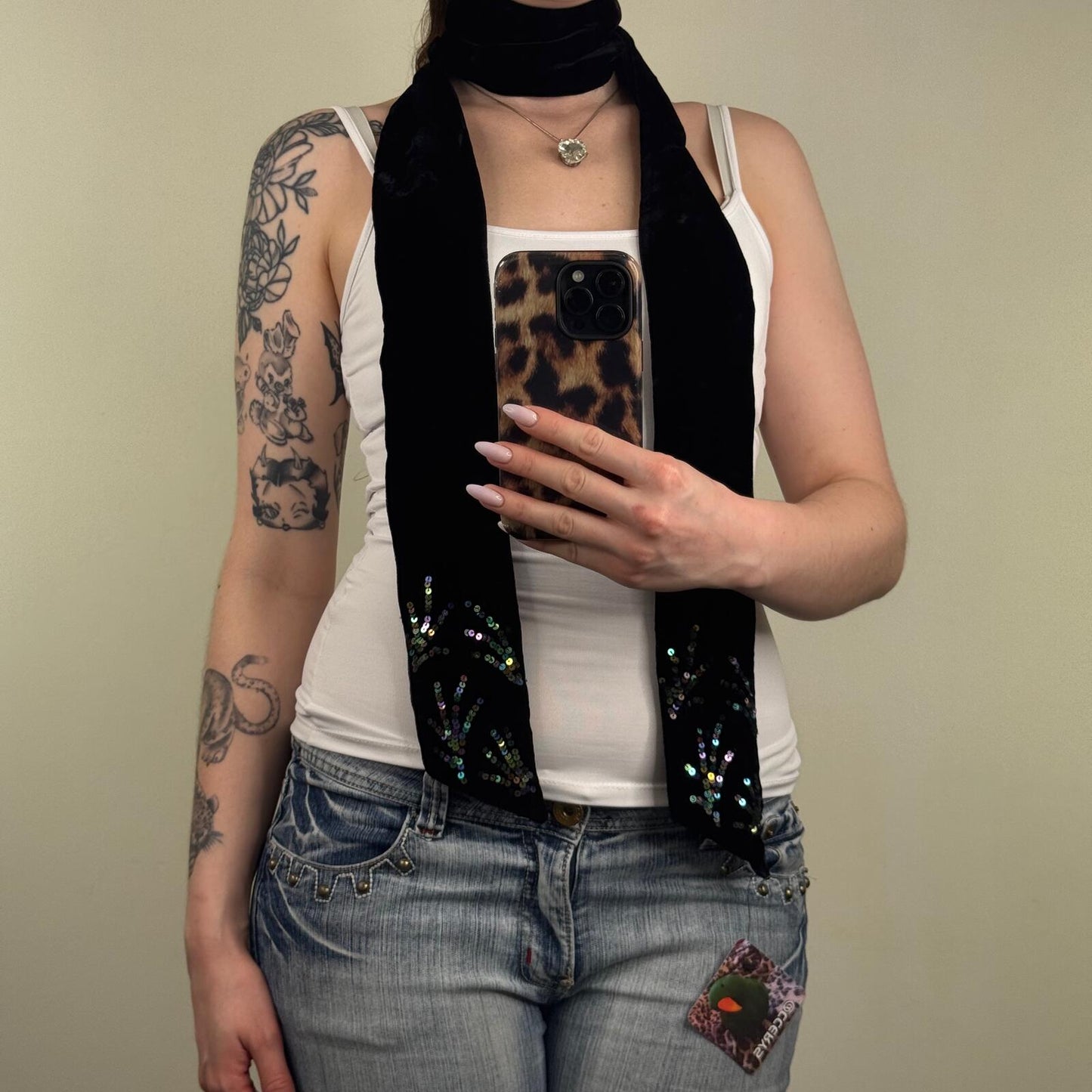 Y2K vintage velvet scarf sequin embroidery pattern black thin skinny