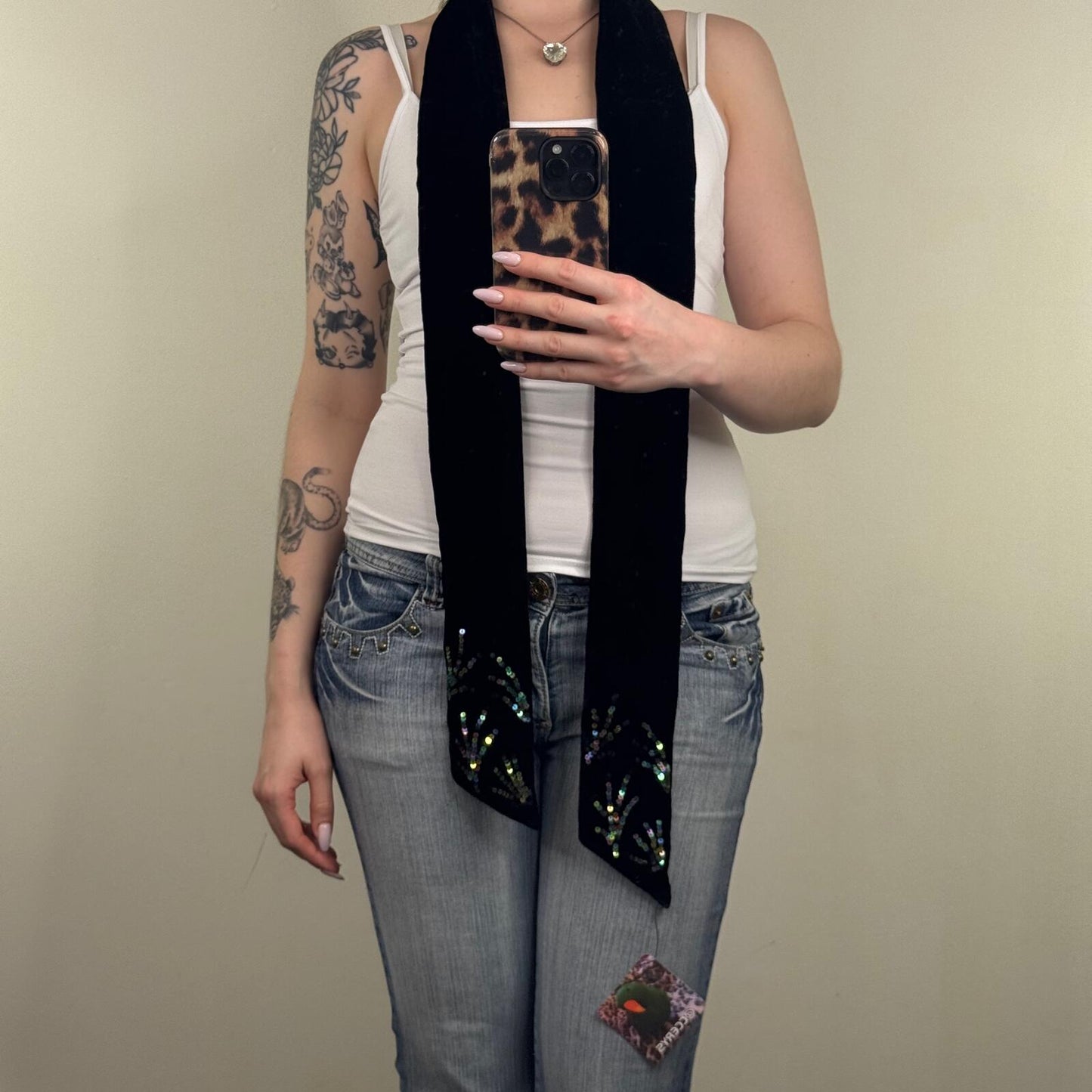 Y2K vintage velvet scarf sequin embroidery pattern black thin skinny
