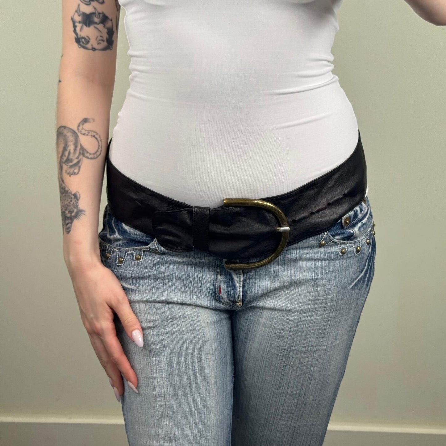 Y2K vintage genuine leather belt chunky oversized black