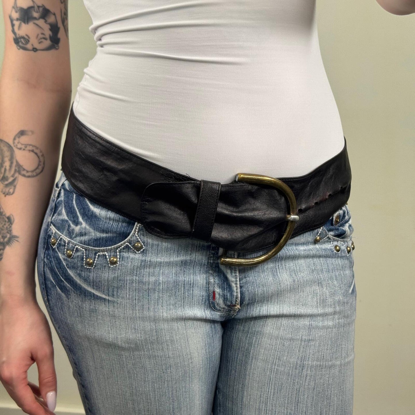 Y2K vintage genuine leather belt chunky oversized black