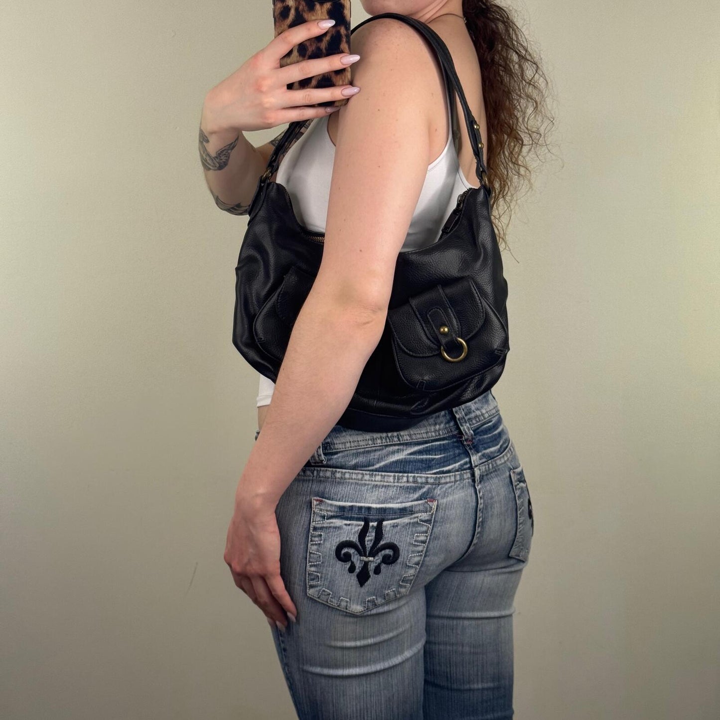 Y2K vintage leather shoulder bag medium cargo pockets slouchy black studs o ring