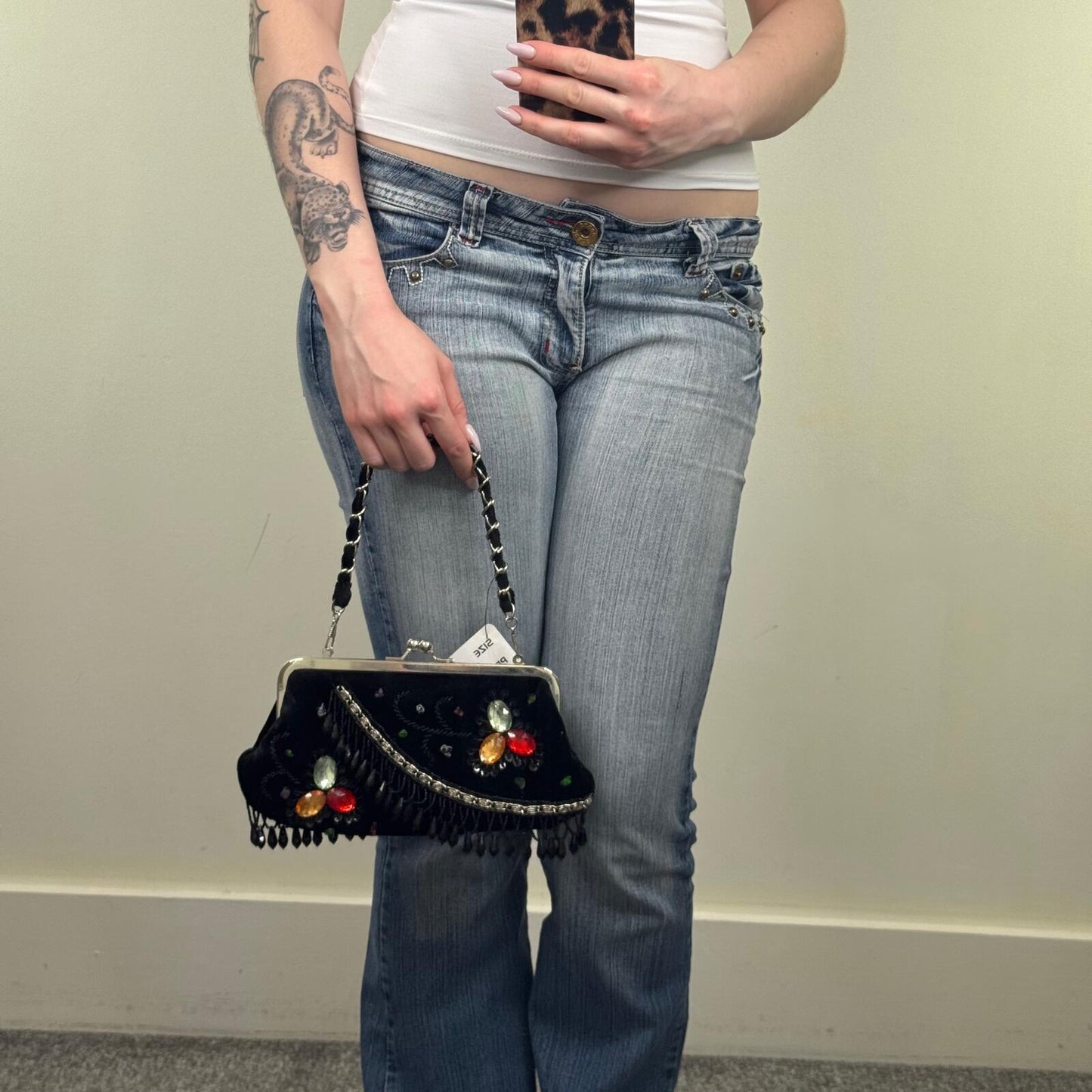 Y2K vintage evening bag beaded velvet chain sequin small kiss lock silver