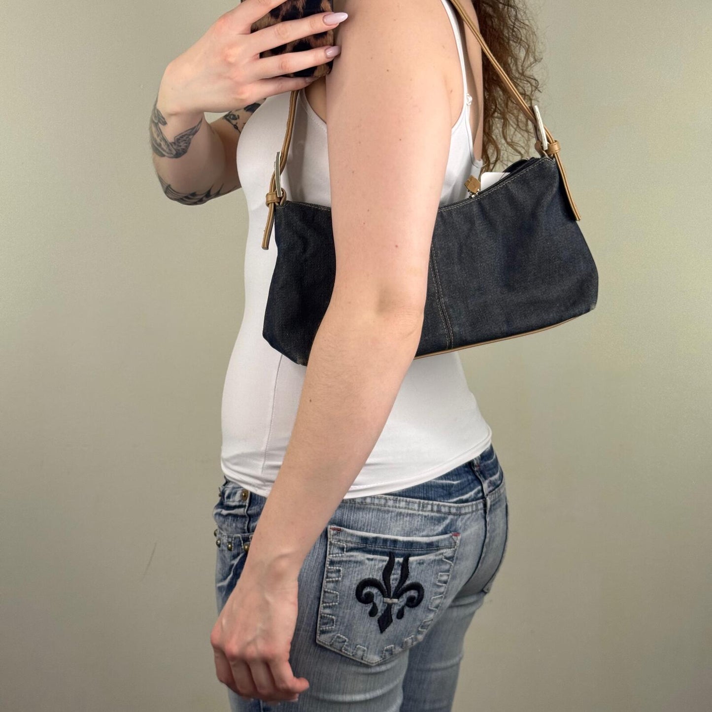 Y2K vintage shoulder bag mini small denim faux leather buckle zip closure