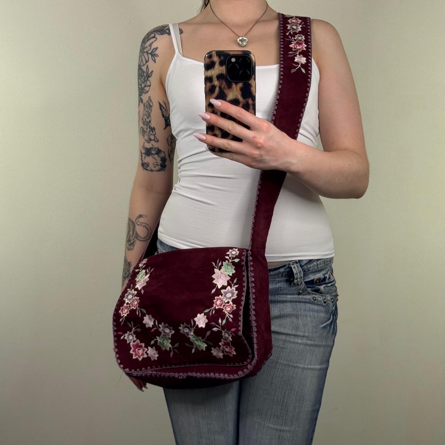 Y2K vintage Oasis messanger bag crossbody boho floral embroidery faux suede