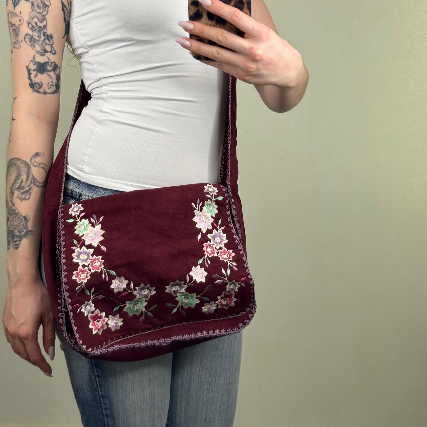 Y2K vintage Oasis messanger bag crossbody boho floral embroidery faux suede