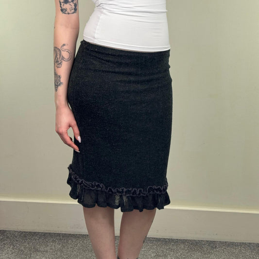 Y2K vintage midi skirt frill hem stretchy fitted low rise grey knee length
