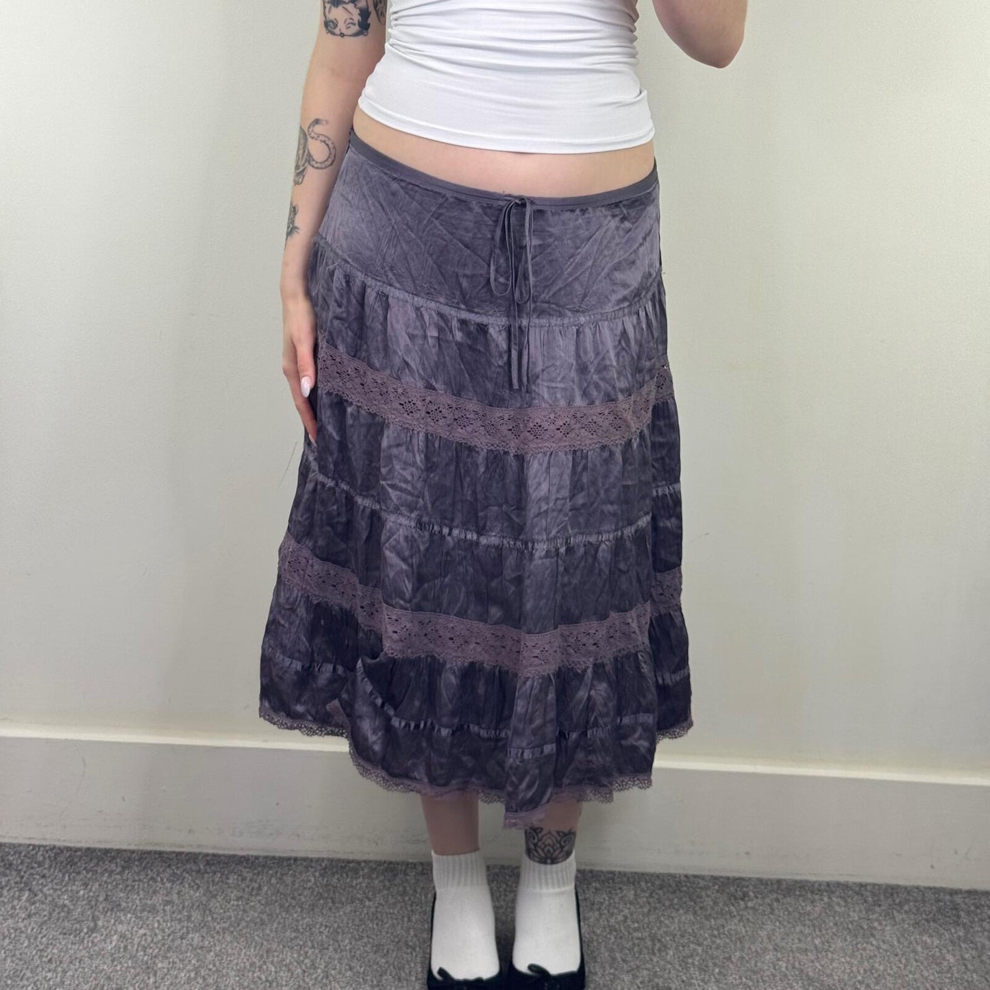 Y2K vintage silk midi skirt boho purple tiered lace bow low rise festival summer