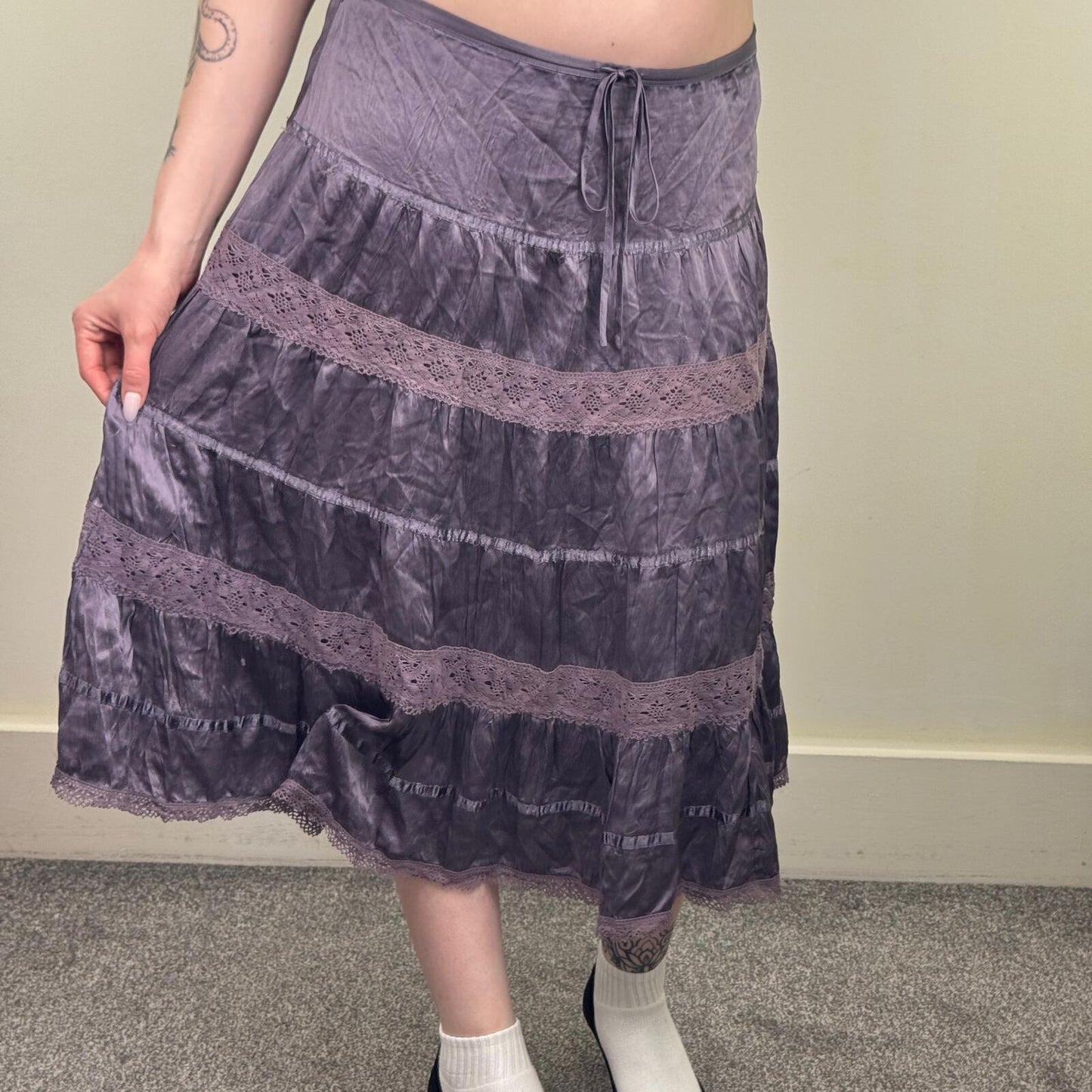 Y2K vintage silk midi skirt boho purple tiered lace bow low rise festival summer