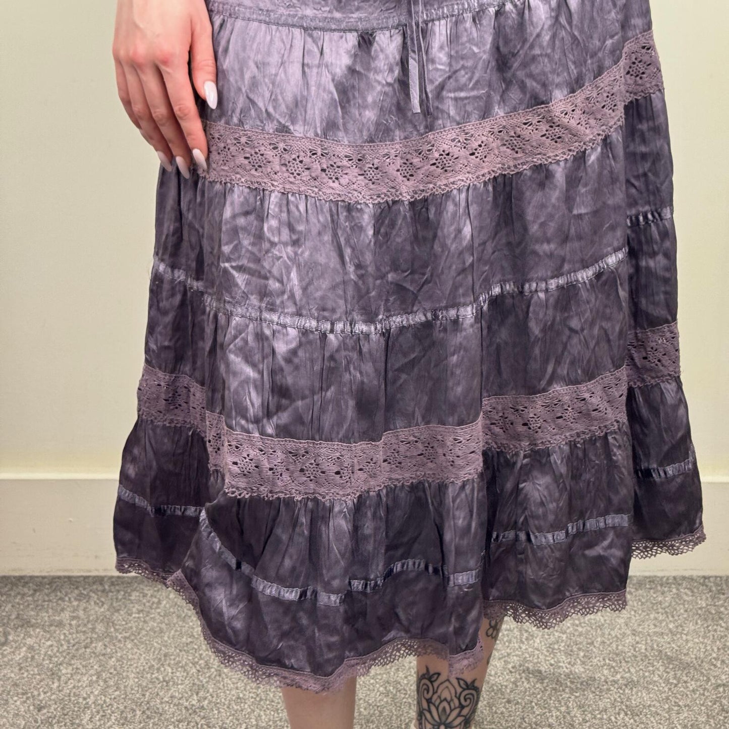 Y2K vintage silk midi skirt boho purple tiered lace bow low rise festival summer