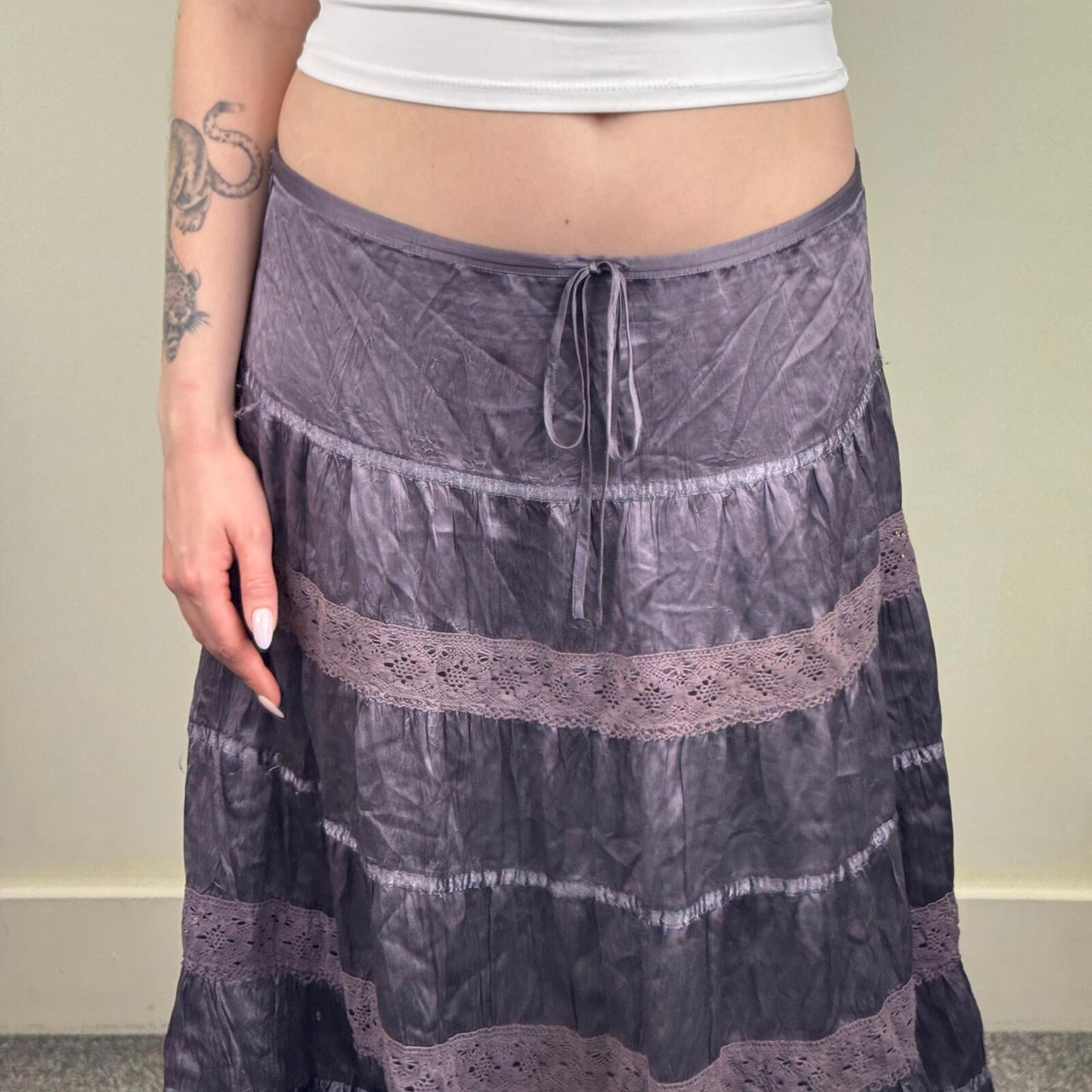 Y2K vintage silk midi skirt boho purple tiered lace bow low rise festival summer