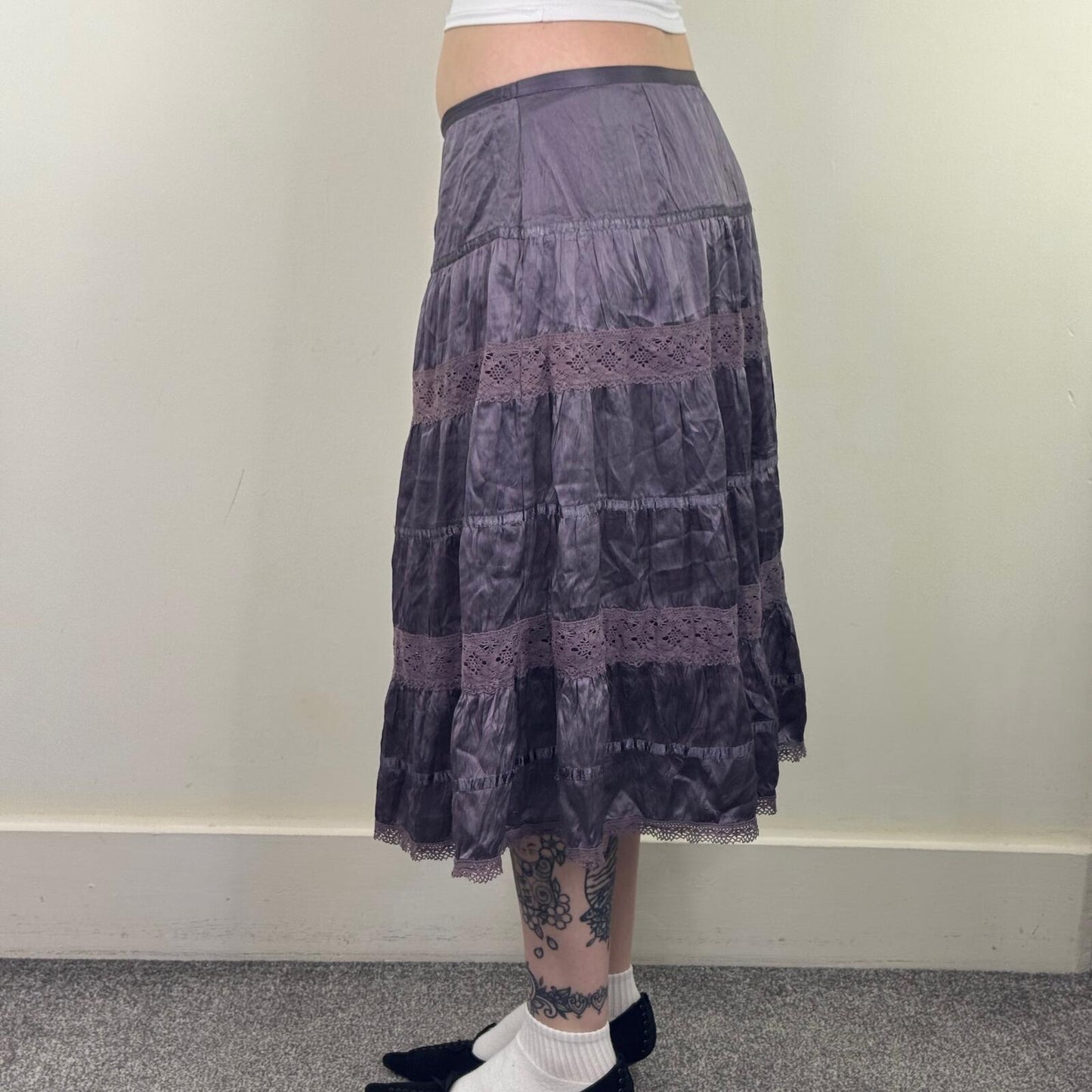 Y2K vintage silk midi skirt boho purple tiered lace bow low rise festival summer