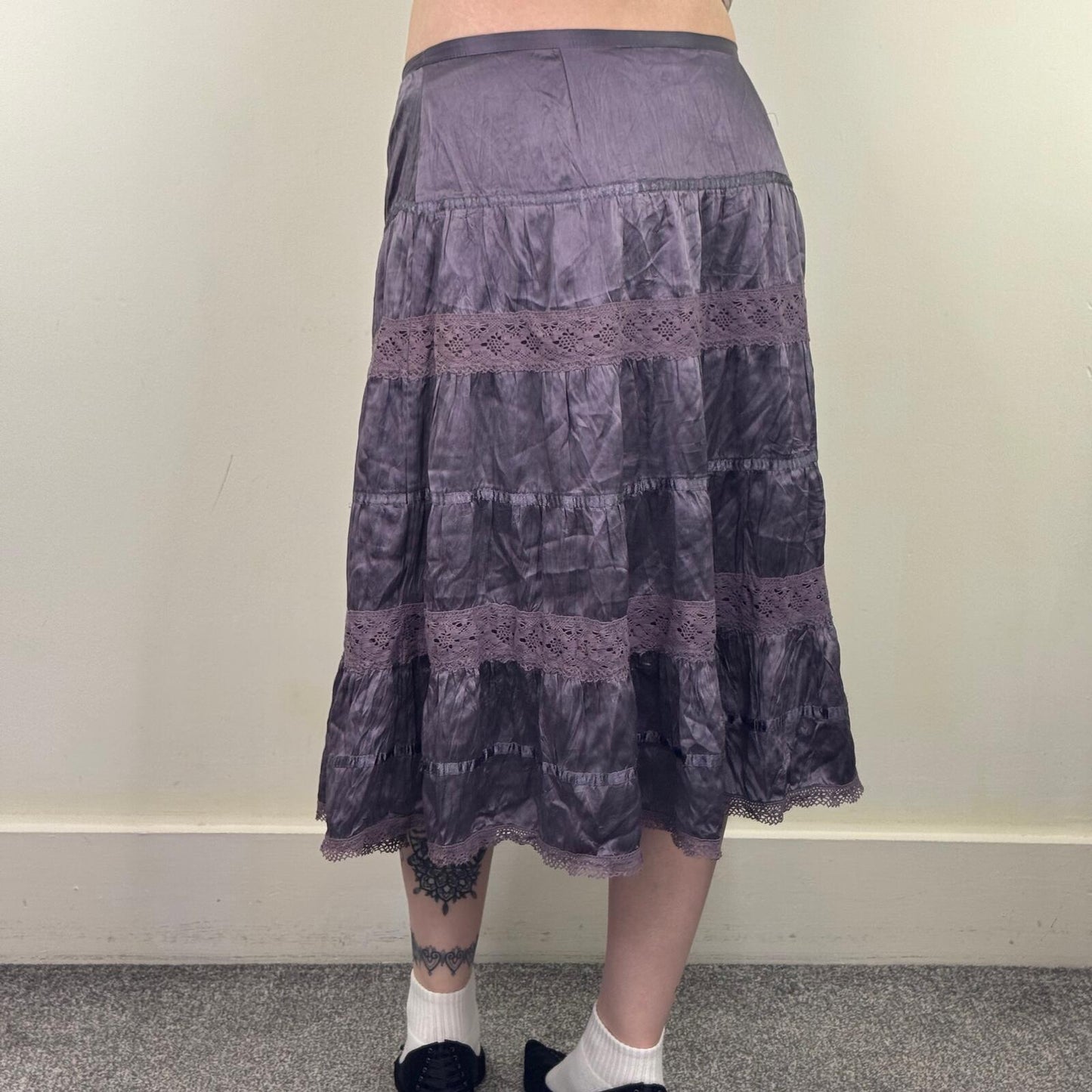 Y2K vintage silk midi skirt boho purple tiered lace bow low rise festival summer