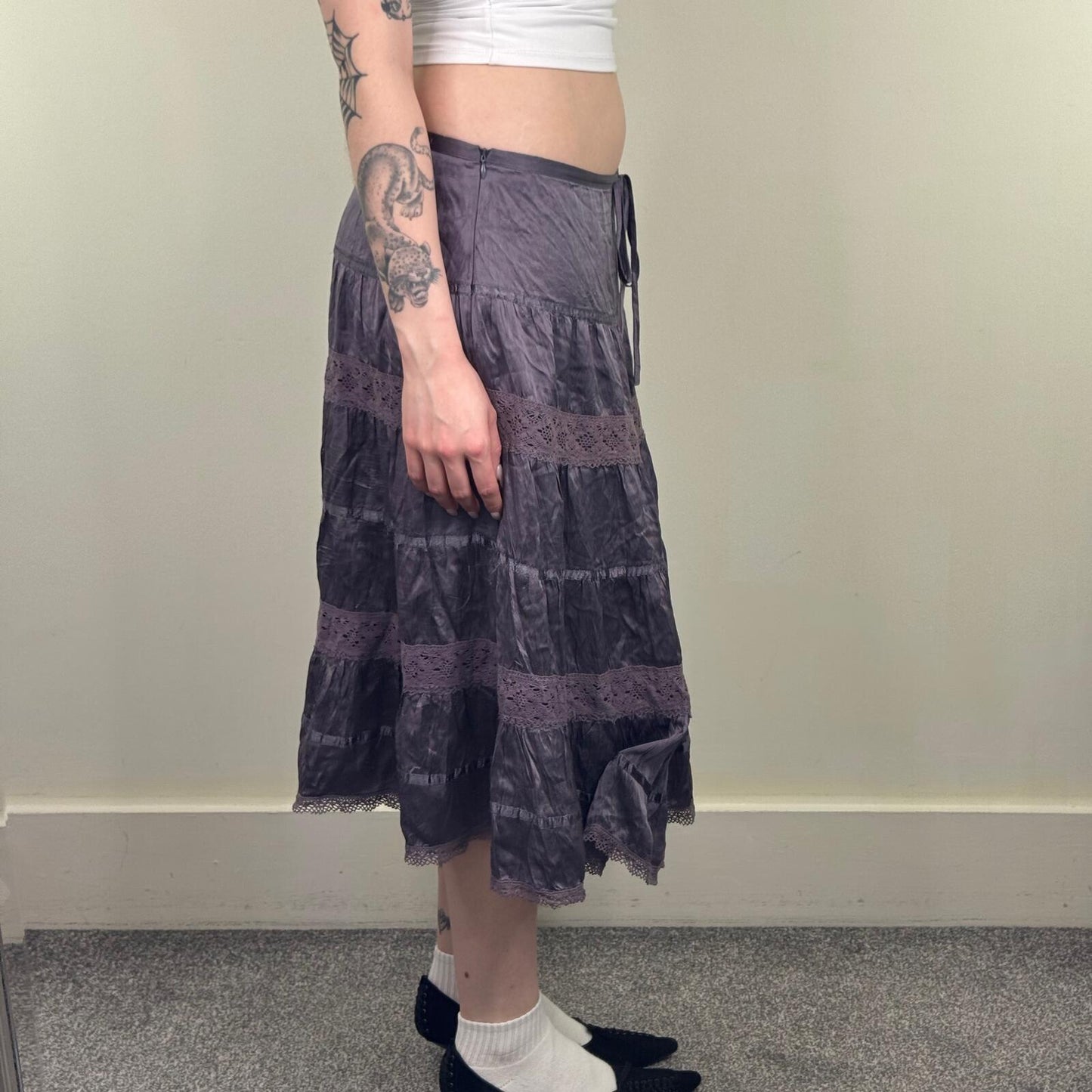 Y2K vintage silk midi skirt boho purple tiered lace bow low rise festival summer