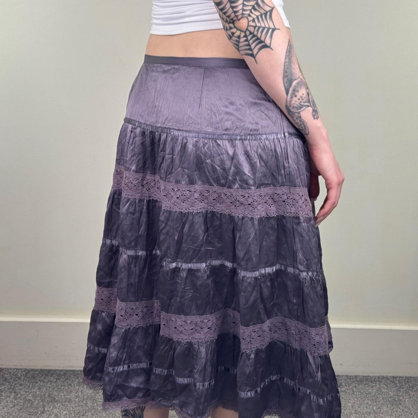Y2K vintage silk midi skirt boho purple tiered lace bow low rise festival summer