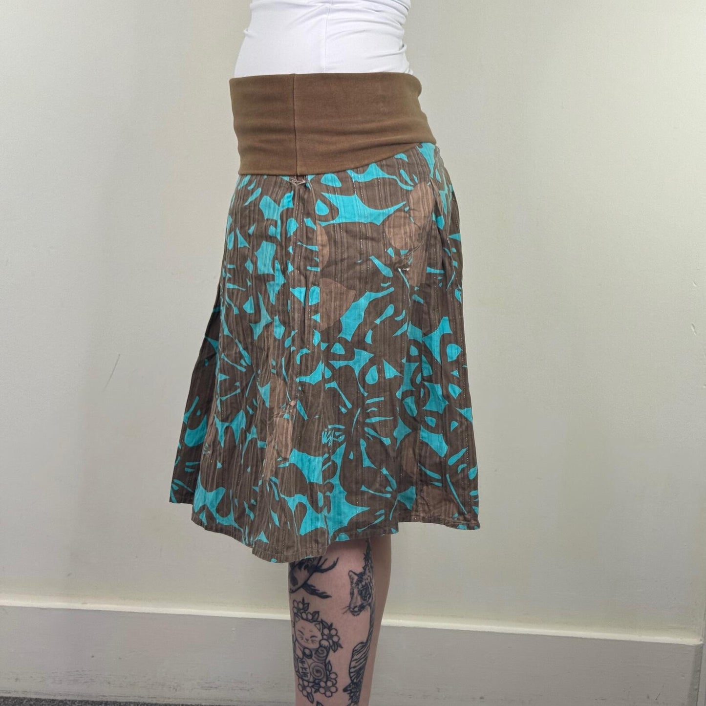Y2K vintage fold over midi skirt stretchy waistband bow hibiscus floral sparkly