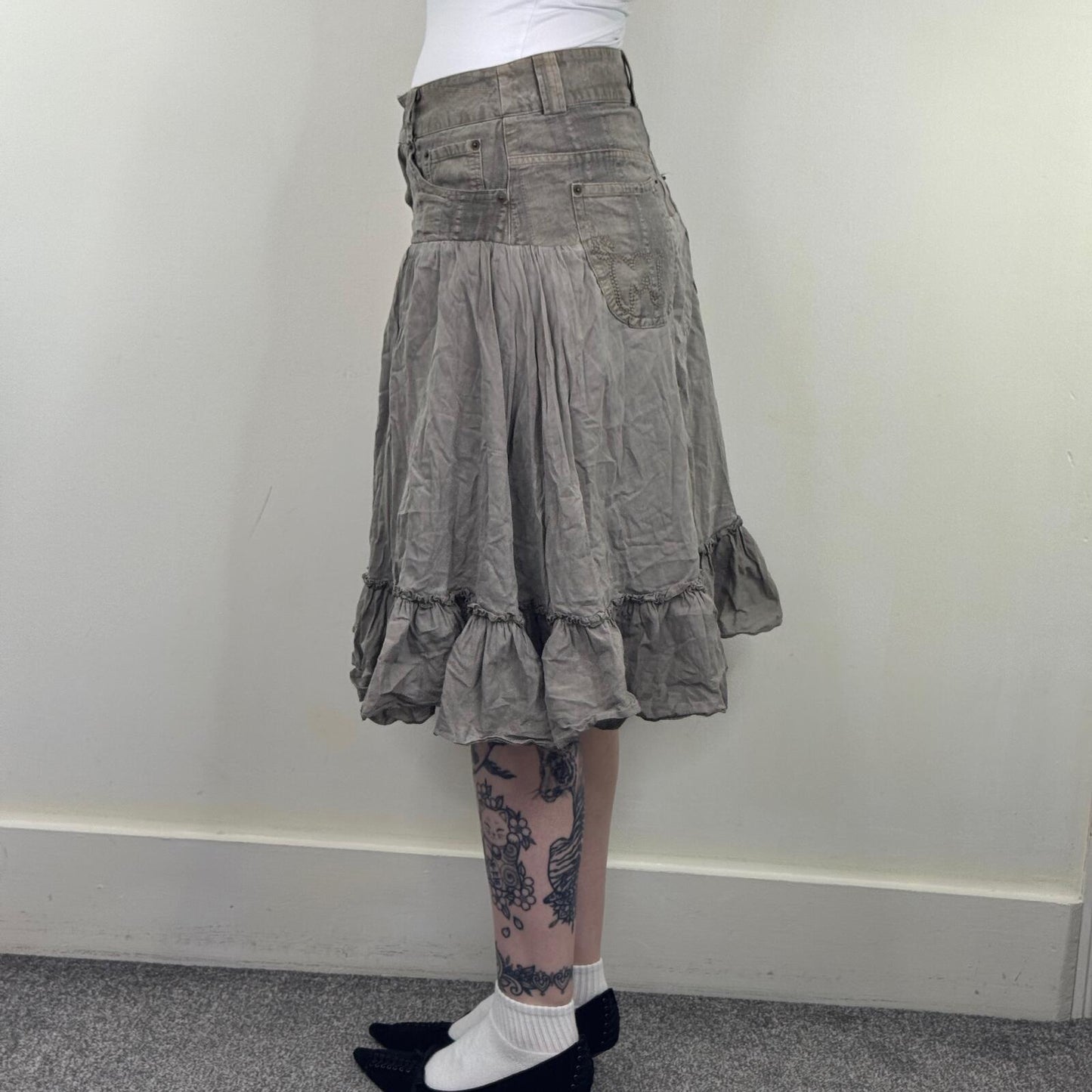 Y2K vintage Morgan de Toi midi skirt denim frill hem knee length a line khaki