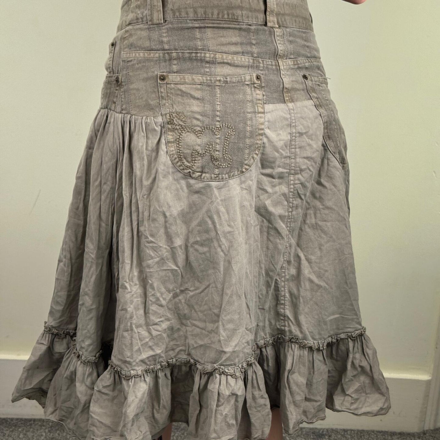Y2K vintage Morgan de Toi midi skirt denim frill hem knee length a line khaki