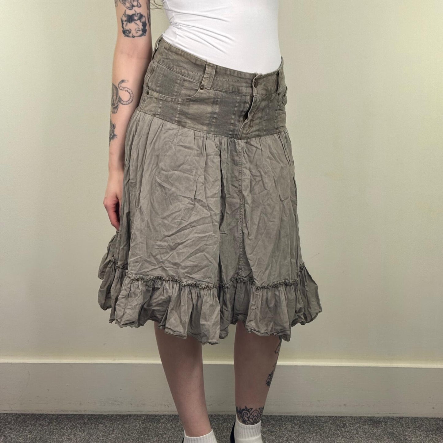 Y2K vintage Morgan de Toi midi skirt denim frill hem knee length a line khaki