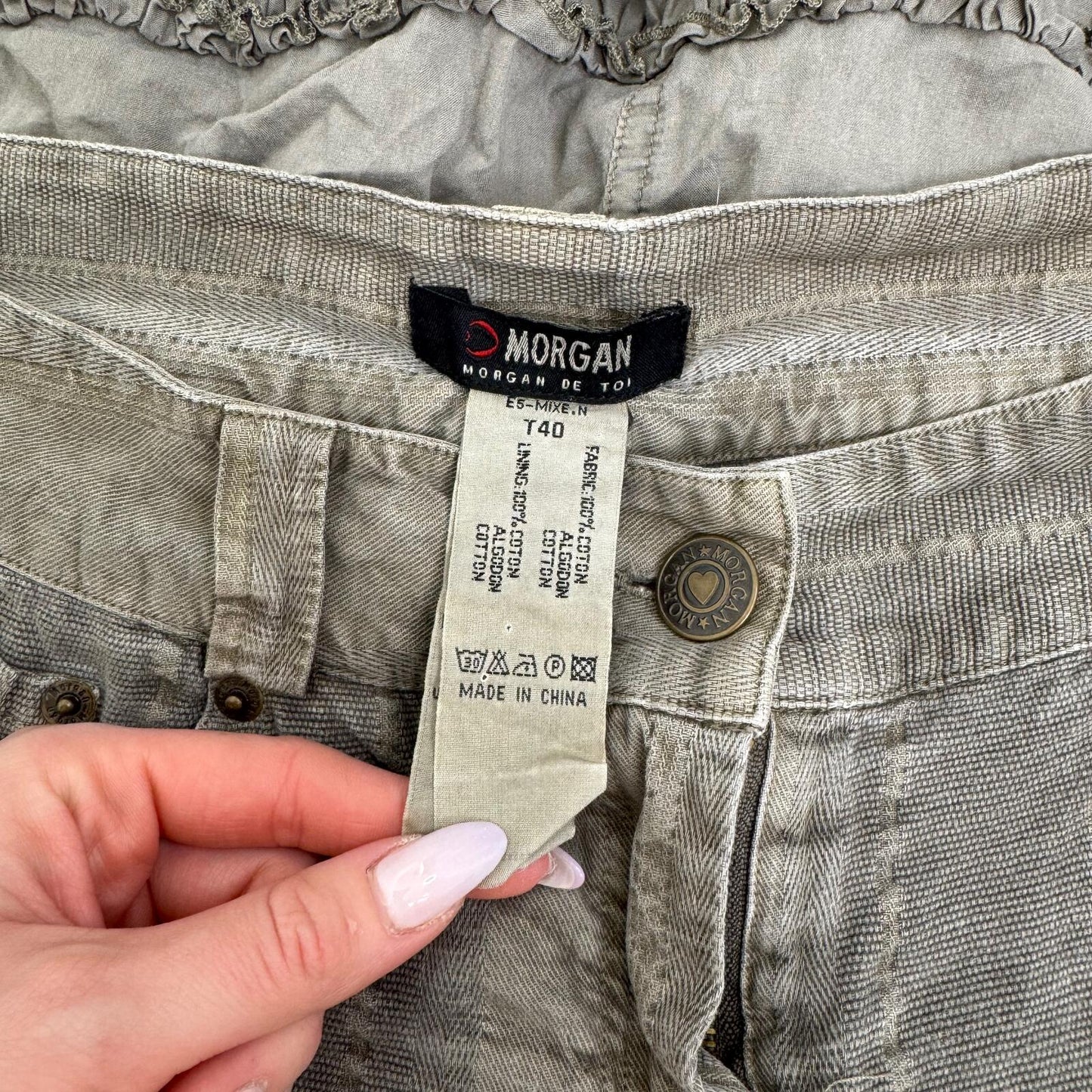 Y2K vintage Morgan de Toi midi skirt denim frill hem knee length a line khaki