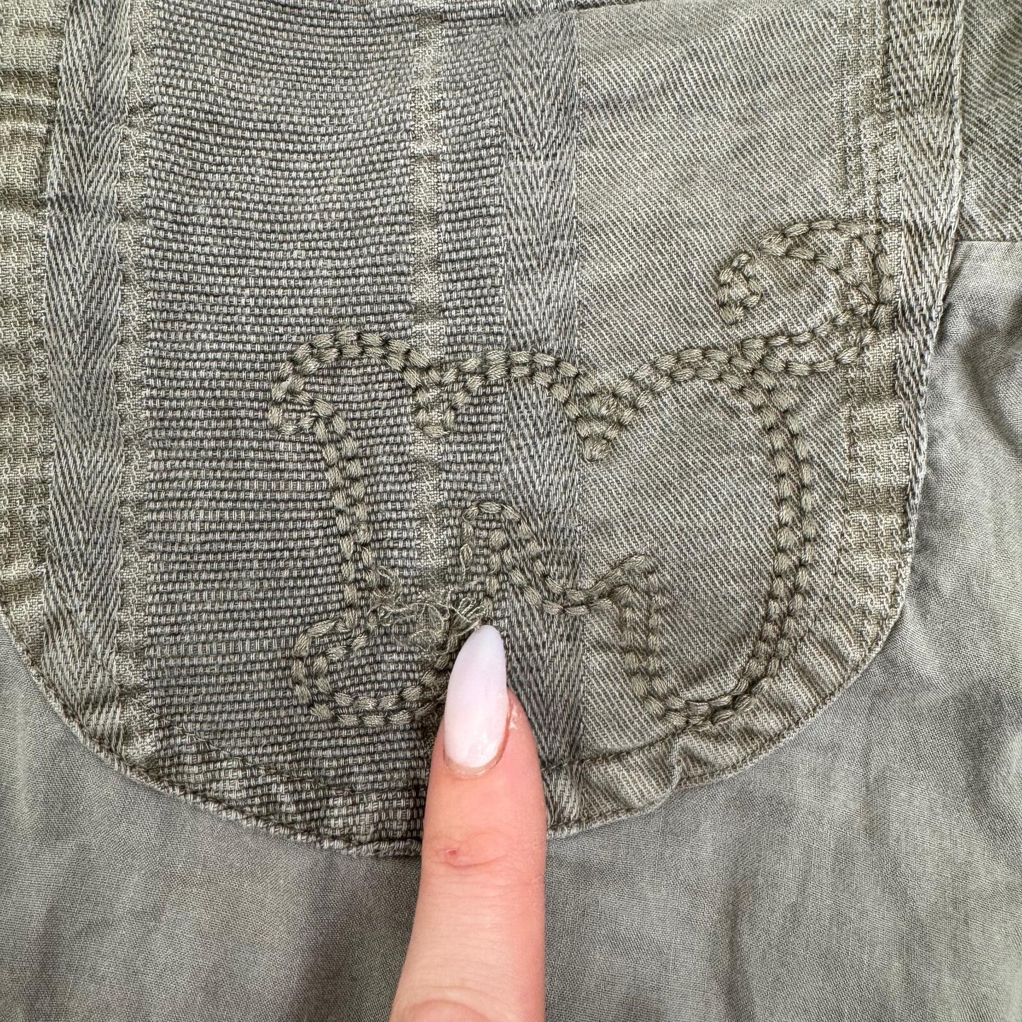 Y2K vintage Morgan de Toi midi skirt denim frill hem knee length a line khaki